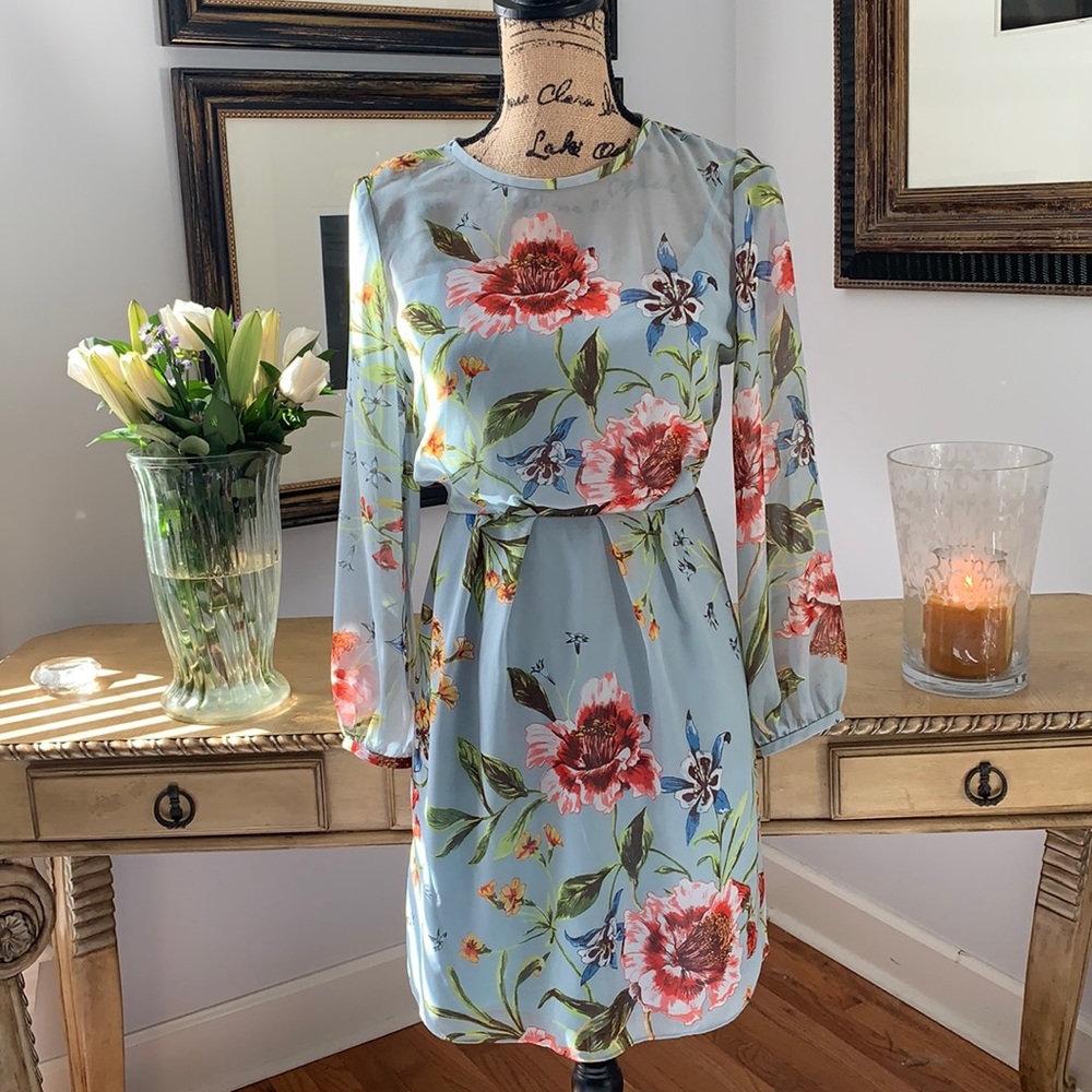 Rachel Roy blue fall floral dress designer xs 2 4